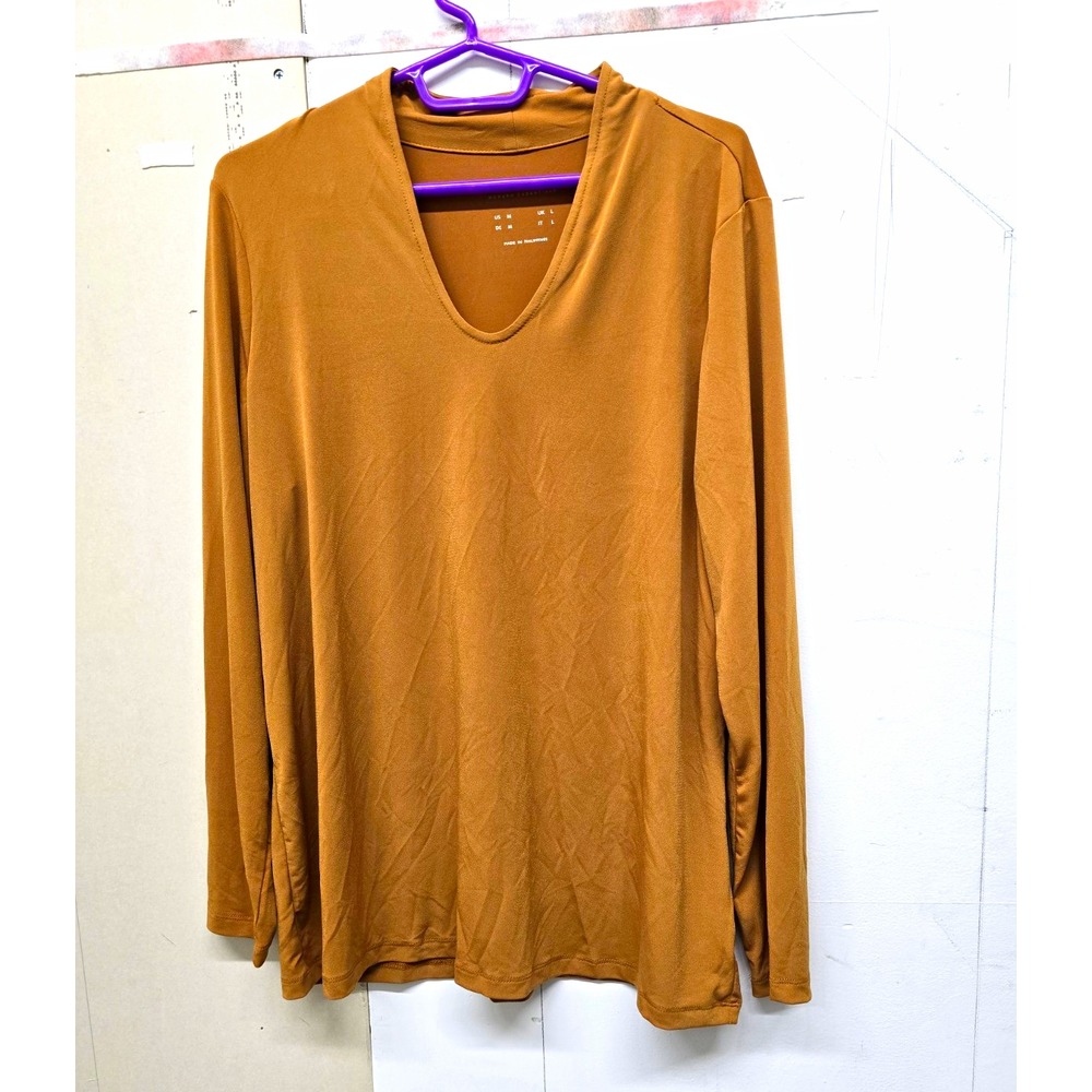 Susan Graver Modern Essentials Womens Gold Knit V-Neck Long Sleeve Top M